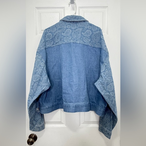 BoohooMan- Boxy Fit Paisley Spliced Denim Jacket MID BLUE-XL - Picture 2 of 9
